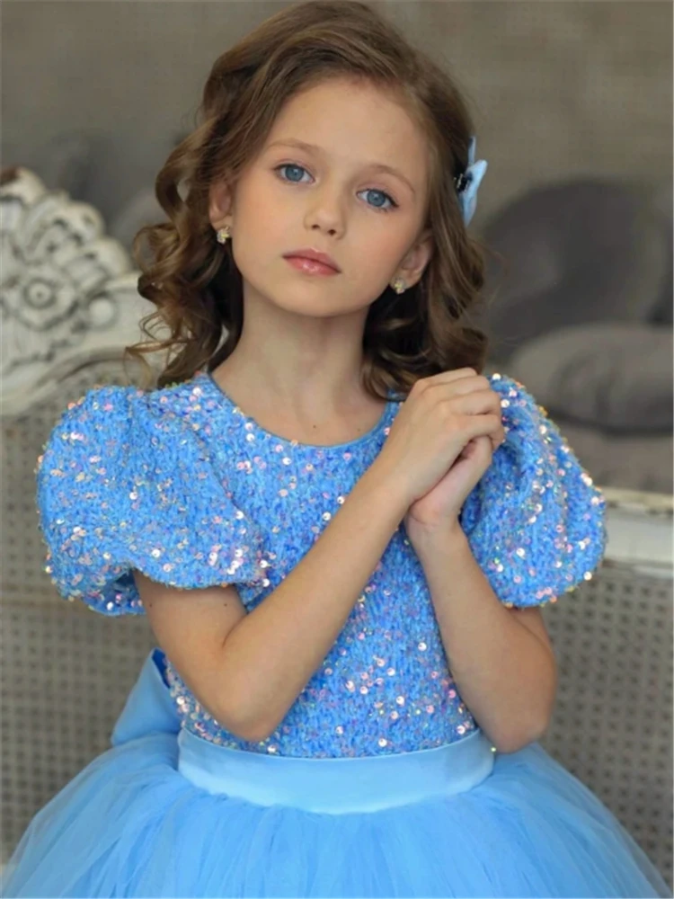 

Flower Girl Dress Blue Elegant Gowns Short-sleeved Tulle Bow Belt Princess Ball First Communion Dresses Kids Birthday Present