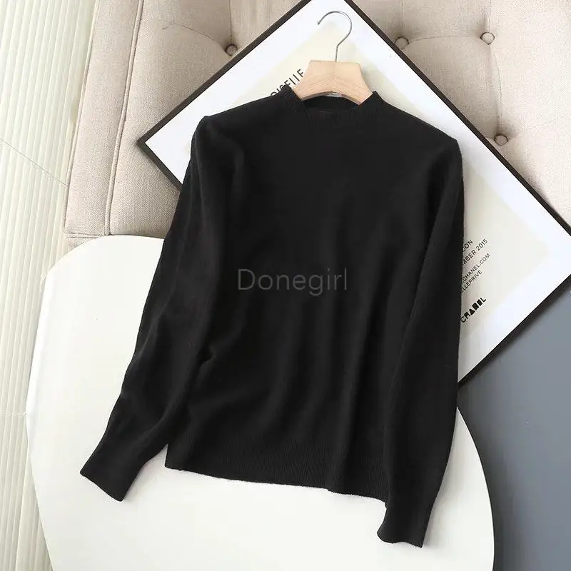 Donegirl 2023ใหม่ผู้หญิงฤดูใบไม้ร่วงสีพื้นคอกลมเสื้อกันหนาวแบบถักแฟชั่นลำลองอเนกประสงค์เสื้อสวมหัวเสื้อผ้าผู้หญิงเก๋ไก๋