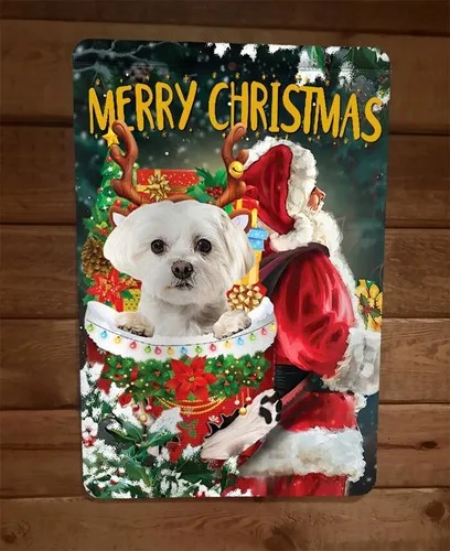 Merry Christmas Maltese Dog Xmas  Metal Wall Sign Animal Poster #1