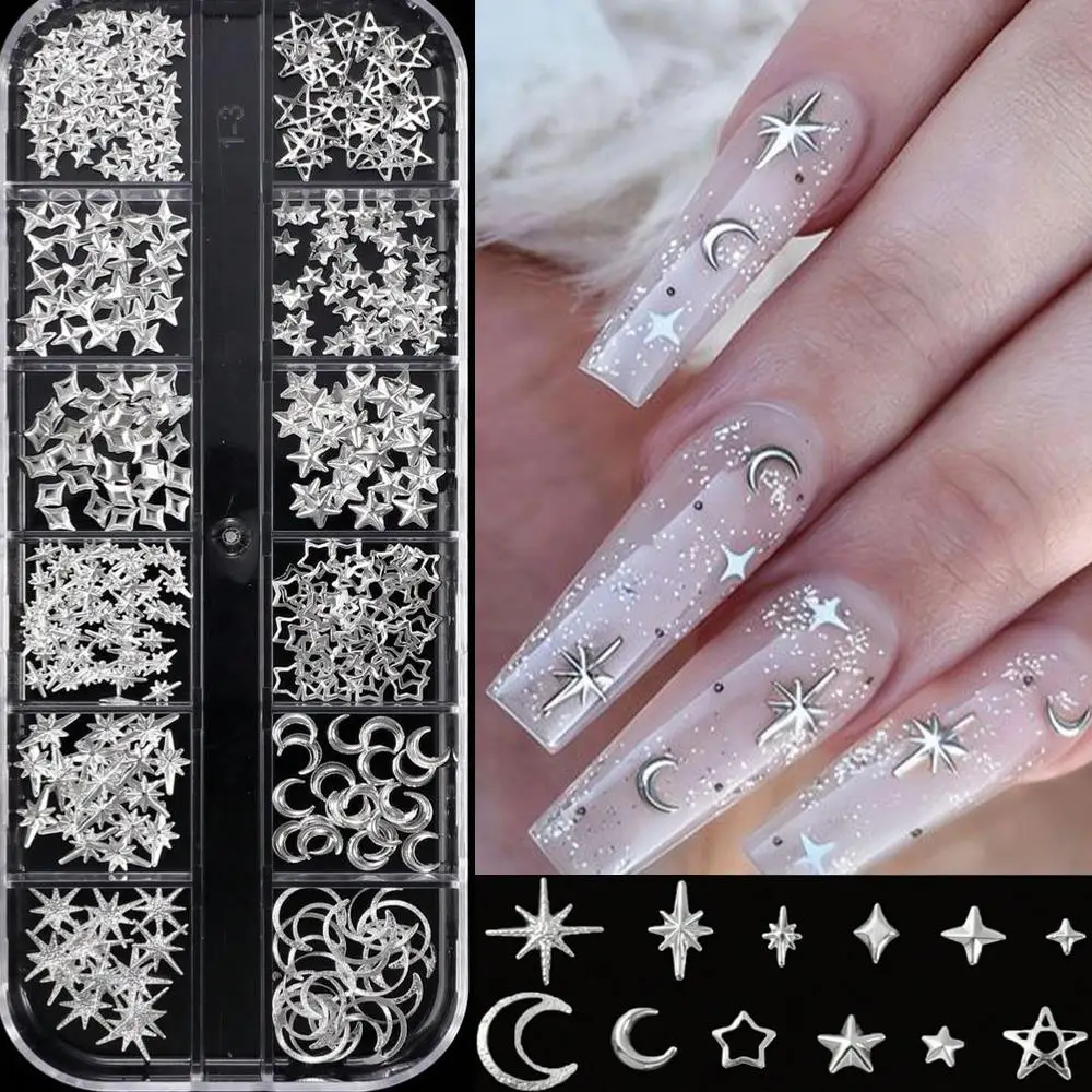 12Grids 3D Silver Heart Bow Butterfly Nail Charms Y2K Metallic Star Moon Nail Rivet Studs DIYValentine's Day Manicure Decoration