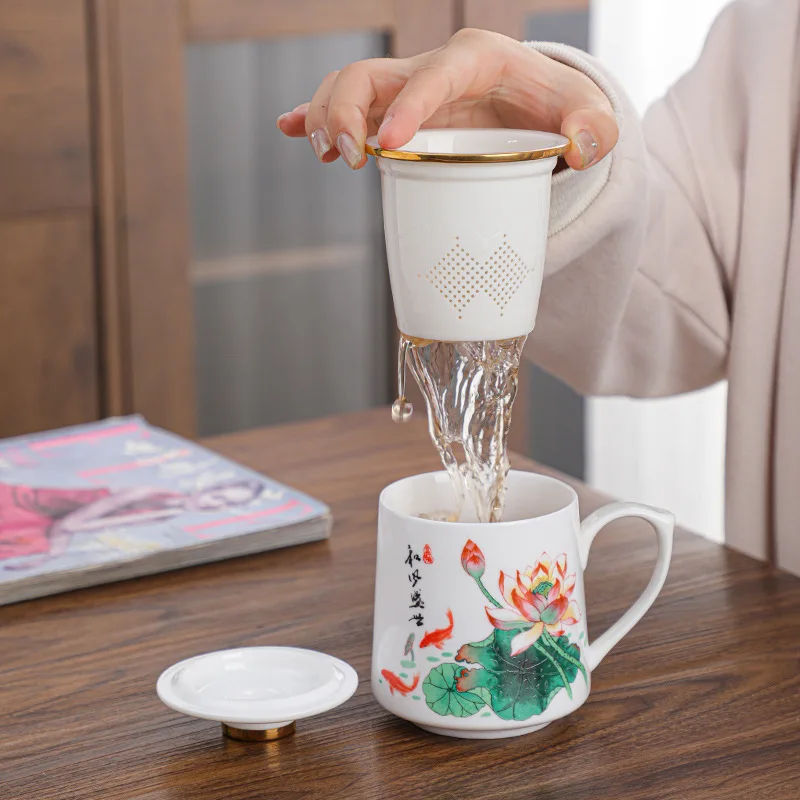 Creative  China Tea Cup with Lid and Filter Office Drinkware Ceramic Hand Painted Strainer Teacup Home Kung Fu Mark cup