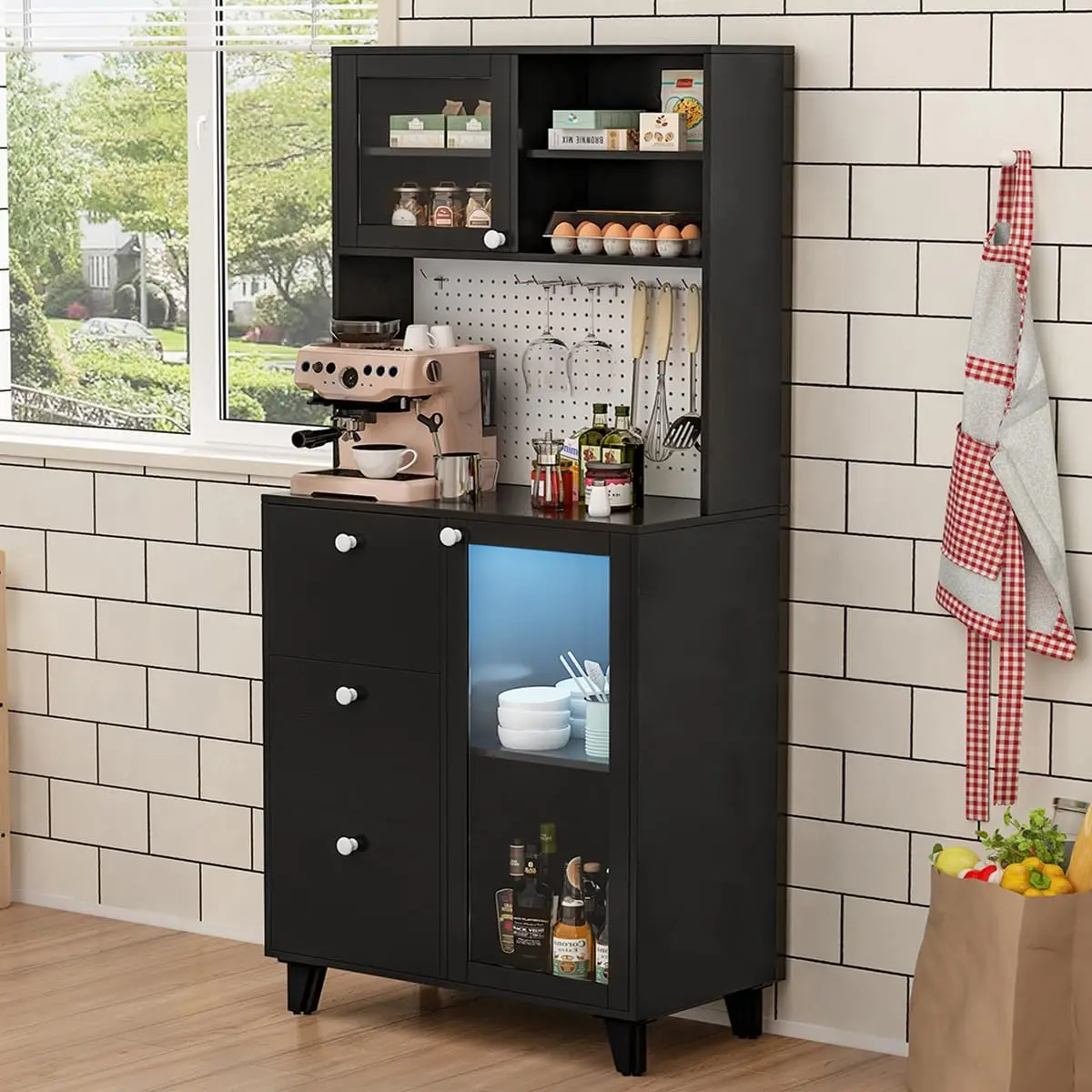 Bar Cabinet w/ Microwave Stand, Wine Liquor Cabinet w/Pegboard&10 Hooks & LED Light, 3 Drawers &Glass Doors Storage Pantry Hutch