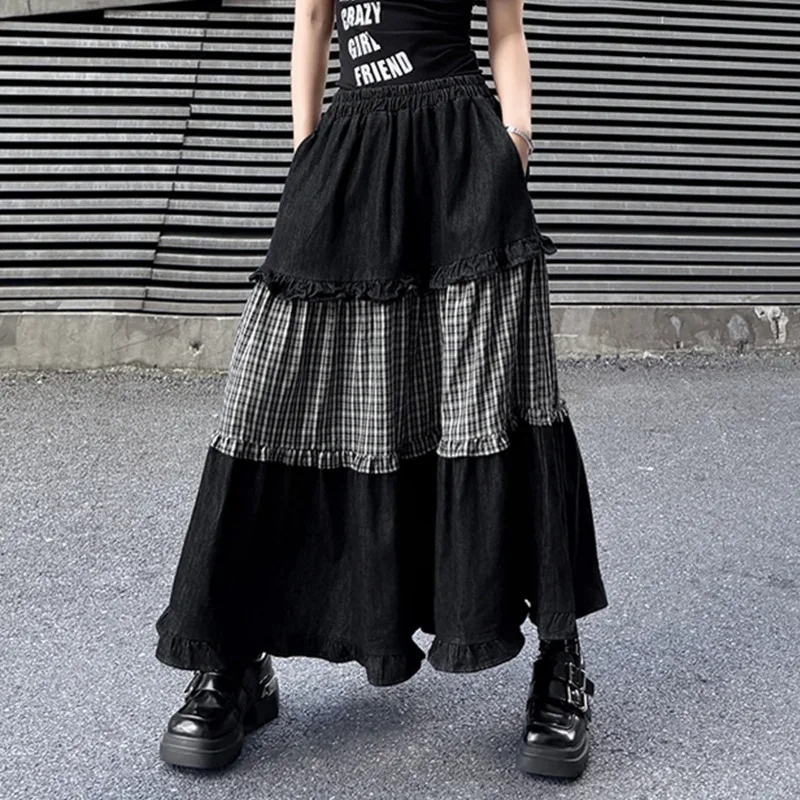 HKSH Women Skirt Denim Patchwork Plaid Color Block A-line Pleated Elastic Waisted American Retro Chic Tide Skirts Summer HK21445