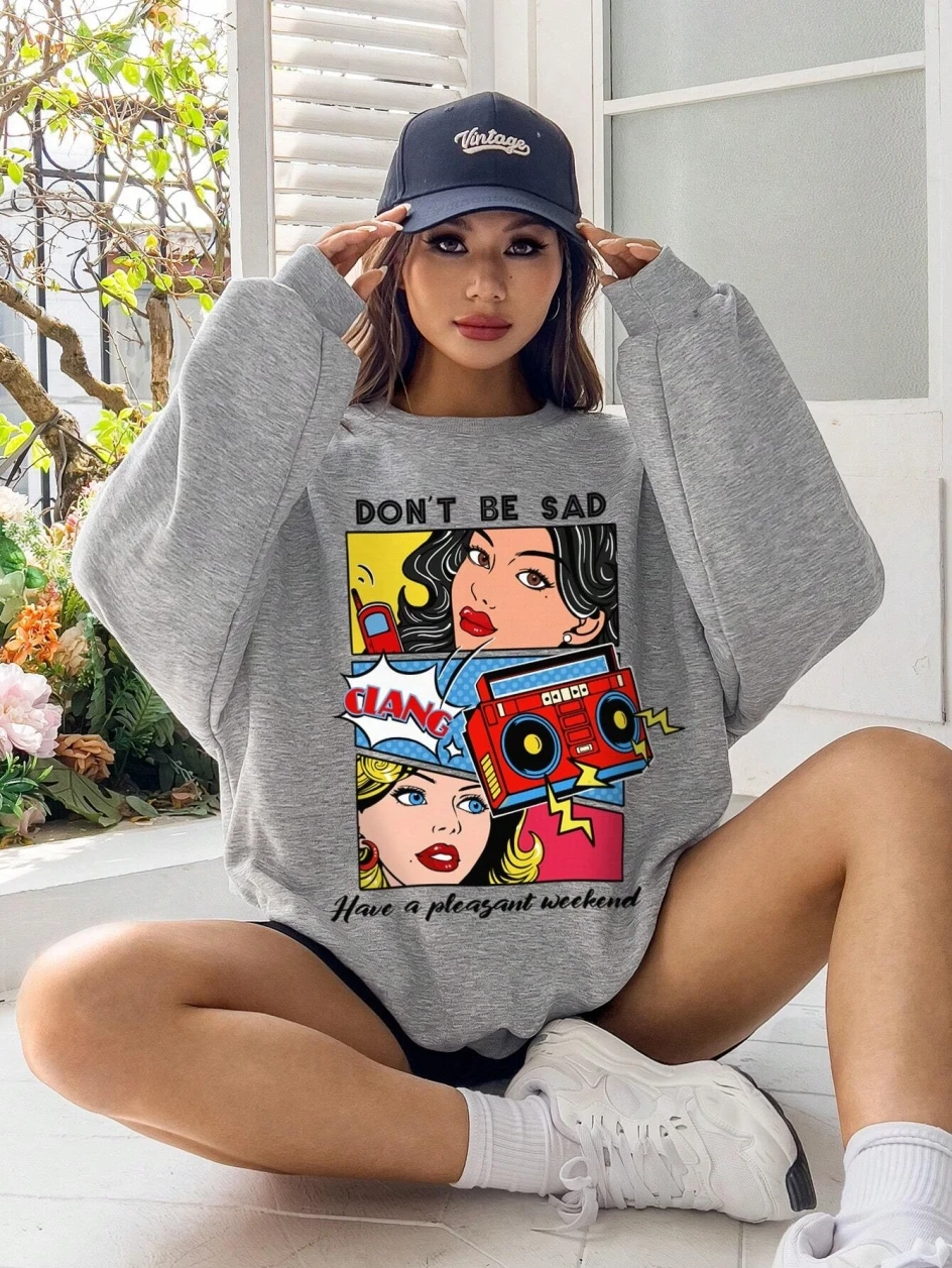 Cartoon Beauty Printing Sweatshirts For Womens Casual Comfortable Crewneck Hoodies Loose Fleece Warm Sportswear Clothes