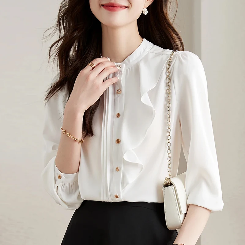 

Casual Long Sleeve Stand Collar Women Shirt White Ruffles Chiffon Shirt Blouse Women Tops Blusas Para Mujer Camisas Blusa G886