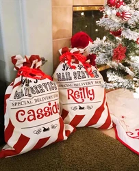 PERSONALIZED SANTA SACK Candy Cane Red Stripe Canvas Sack,Customized Name Santa Claus Bag,Children's Christmas gift snack bag