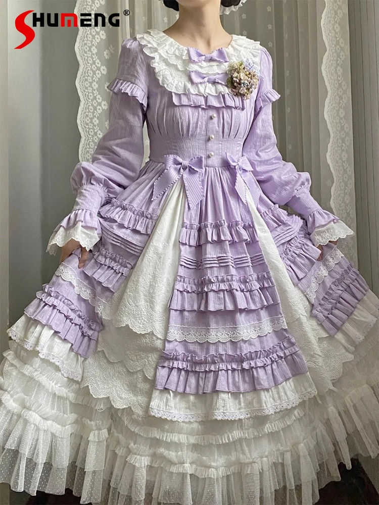 

Princess Style Tea Party Dress Op Autumn New Girl's Sweet Cute Bow Elegant Cla Retro Dress Japanese Women's Long-sleeved Dress