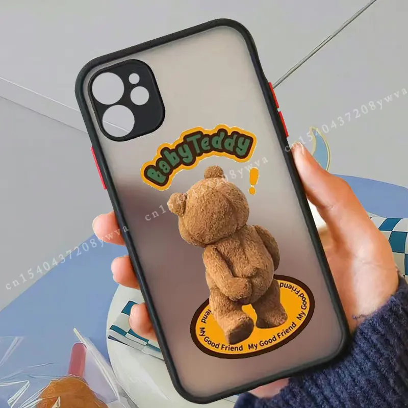 Teddy Bear Couple Cartoon Matte Phone Case For iPhone 13 Pro MAX 14 11 12 XS X XR 8 7 Plus Fashion Brand Shockproof Hard Cover