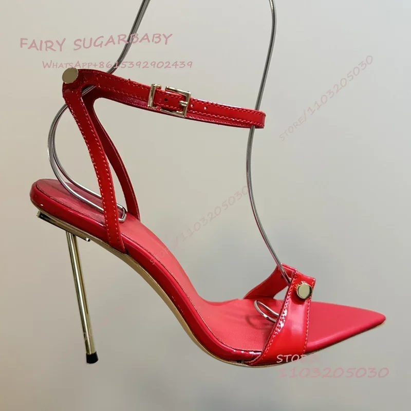 Black Patent Leather Matte Pointed Open Sandals Women Rivet Link Metal Heel Ankle Chain Buckle Red Dress Hollow Shallow Shoes view 5