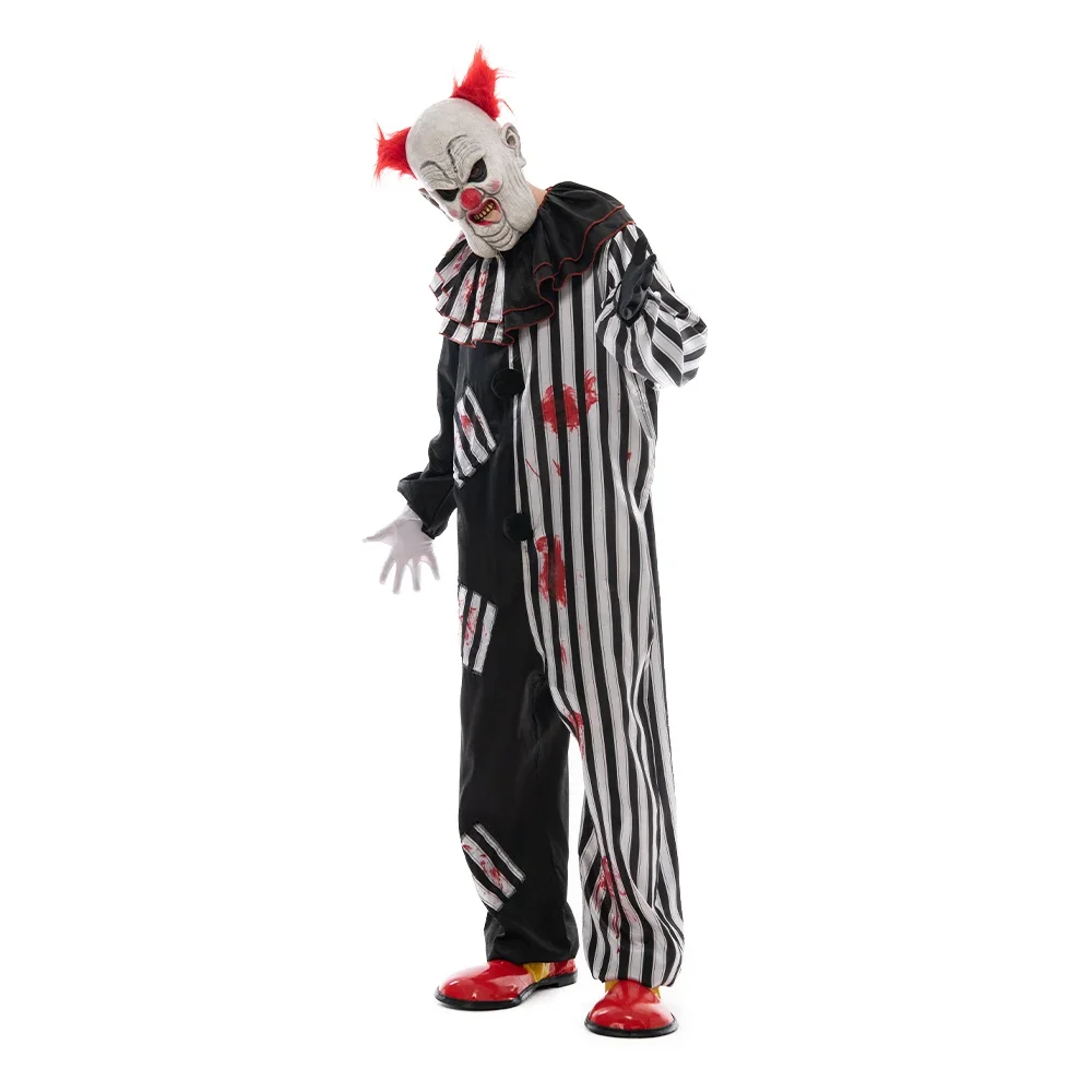 Traje de palhaço assustador Halloween para homens, palhaço de circo sangrento, macacão, macacão, peça de papel, vestido extravagante, adulto, máscaras assustadoras