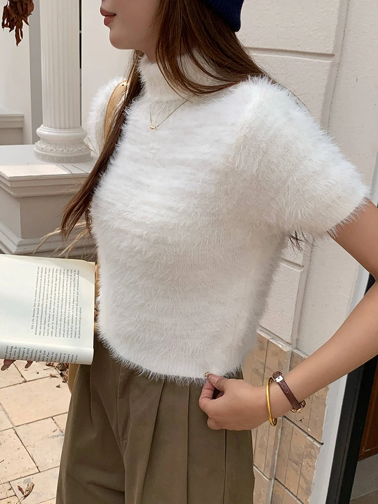 Mohair Sweater Turtleneck Short Sleeve Tops Stretch Slim-Fit Knitwear 2025 New Korean Fashion Jumper Spring Summer Pullovers