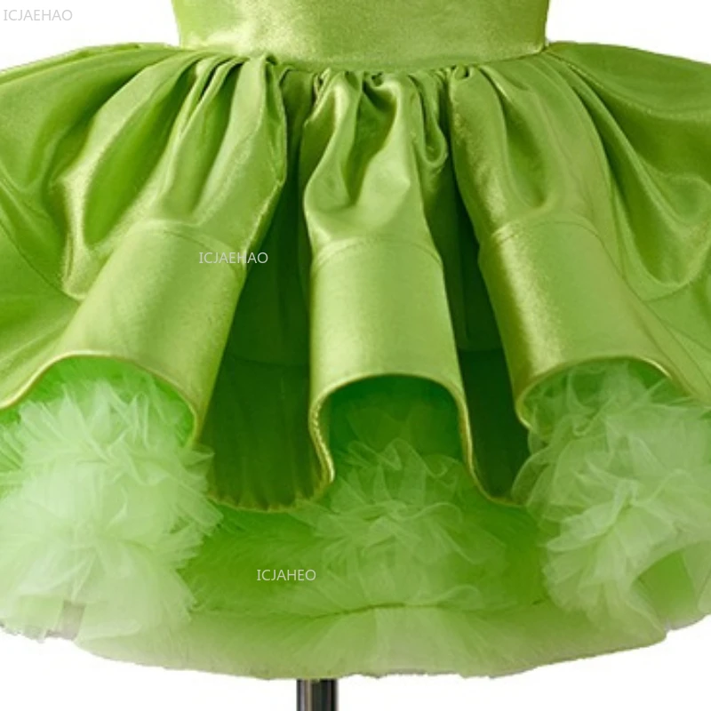 جديد فتاة خضراء الساتان بلا أكمام الأطفال عيد ميلاد الأول الأميرة الكرة ثوب منتفخ فستان حفلة الاحتفال الرسمي ثوب ازياء