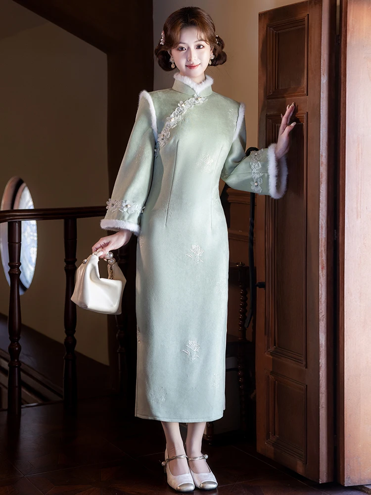 

een Dr Embroidered National Sle Young Faion Fce Lined Mid-Length Slant Collar Daily Wear Warmth