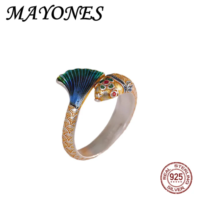 

NEW 999 Full Silver Gold Retro Burned Blue Lucky Koi Ring For Women Fashionable And Cute Jewelry Gift