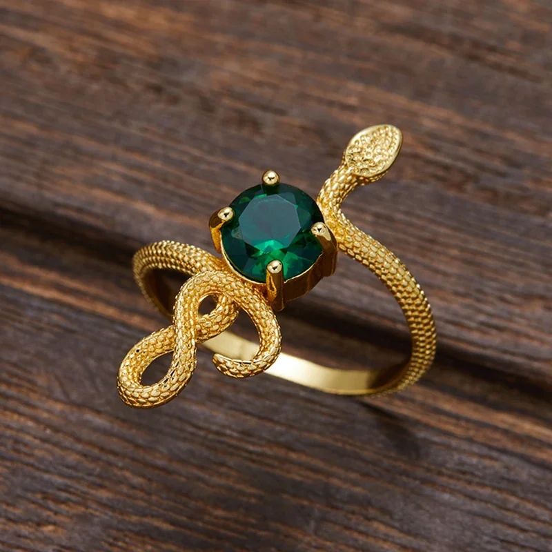 1PC Vintage Unique Snake Imitation Emerald Zirconia Gold Color Ring For Women Men Punk Gothic Snake Birthday Party Jewelry Gift