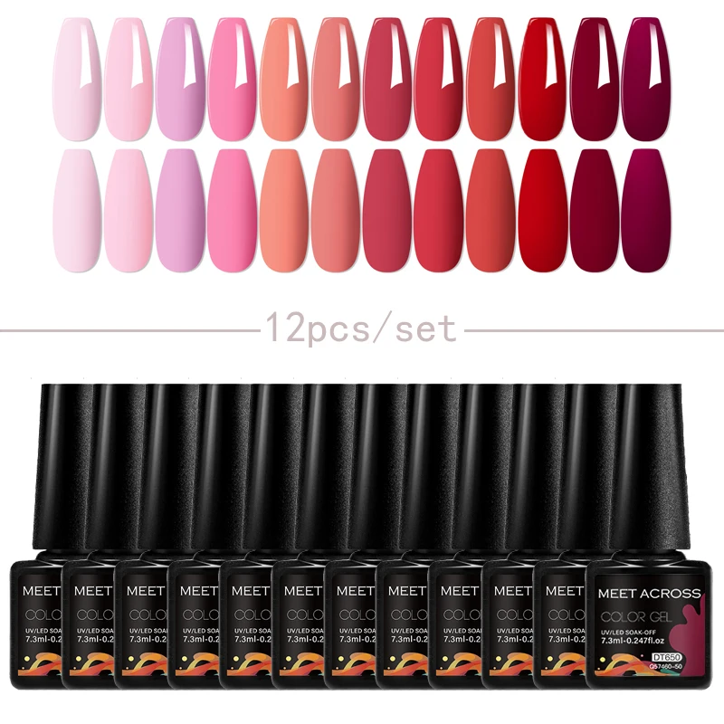 MEET ACROSS 12Pcs/Set Gel Nail Polish Set Pink Nude Semi Permanent UV LED Gel Polish Kit for Manicure DIY Nail Supplies Varnish