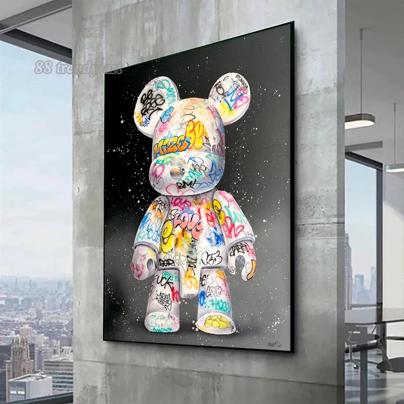 Personagem de desenho animado pop art cartazes e impressões urso bonito graffiti pintura em tela rua arte da parede imagem para casa decoração do quarto do miúdo