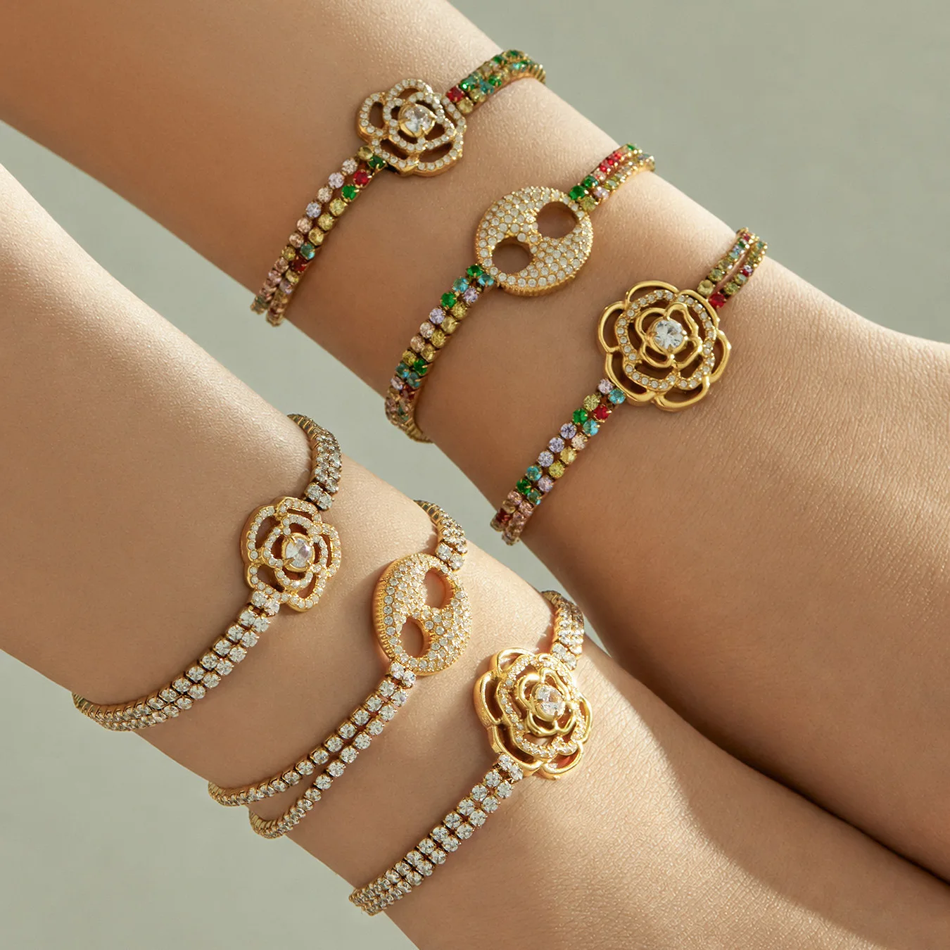 Schweinenasen-Blumen-Charm-Armband Tennis-Armband Edelstahl-Kettenarmband 18k Vergoldetes Armband mit Farbigen Zirkonen für Damen – Detail 3