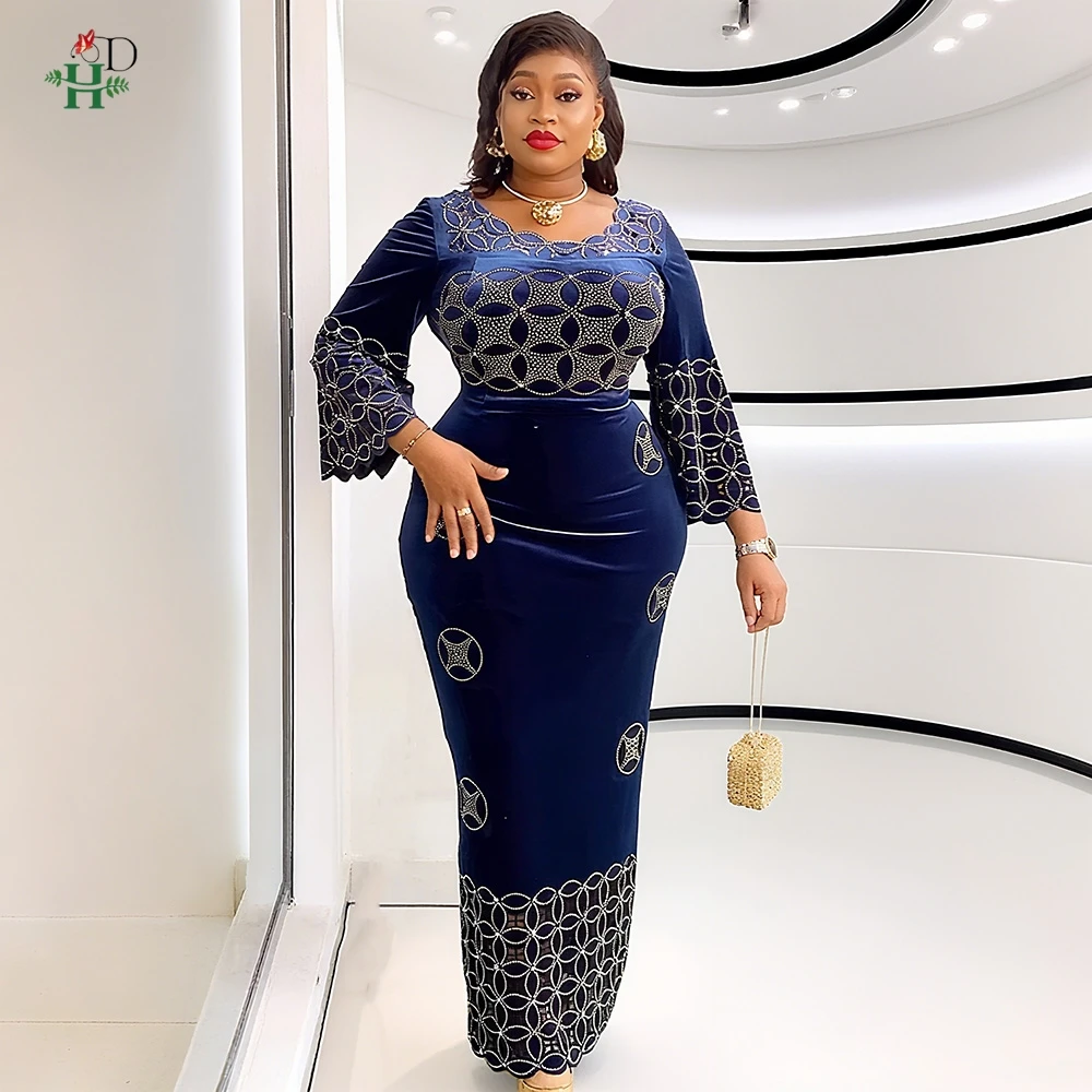 H&D 2025 Plus Size African Dress Women's Bule Fashion Velvet Wedding Party Dinner Gown Elegant Diamond Pearl Maxi Bubu Robe New