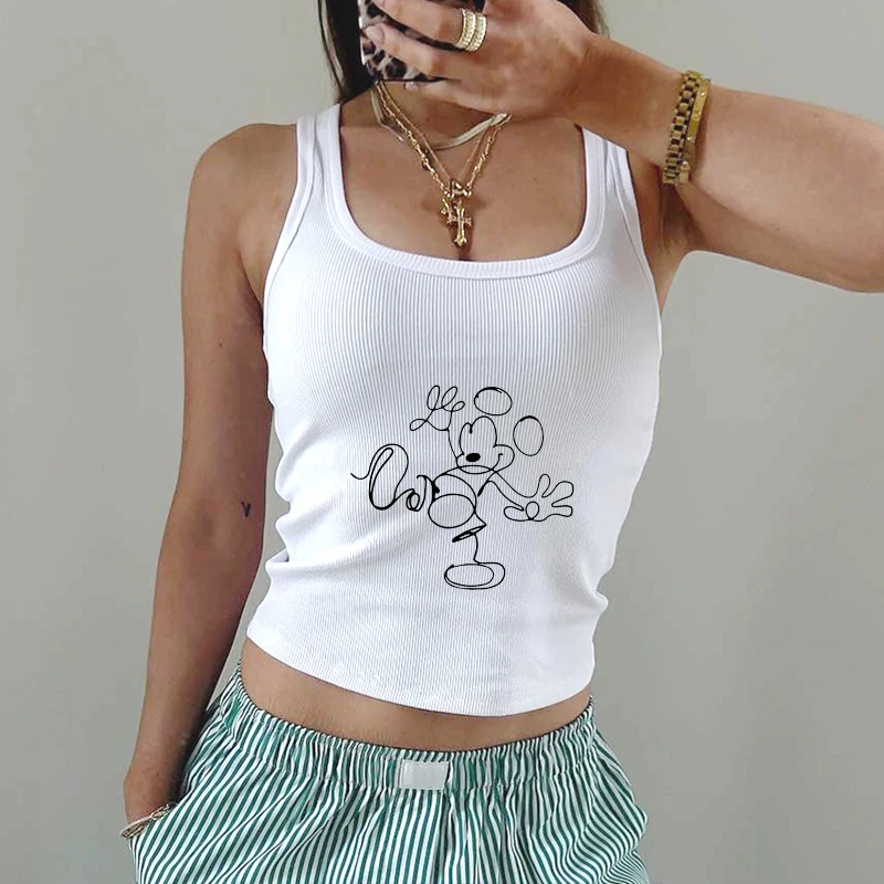 

Новая повседневная футболка-жилет с принтом Микки и Минни, короткий летний укороченный топ без рукавов, женская футболка Y2K