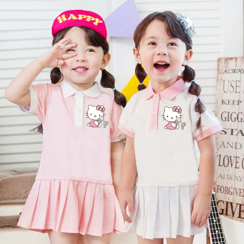 

2024 New Sanrio Girls Dress Polo Shirt Hello Kitty Cartoon Summer Children's Clothes College Style Pleated Skirt Skirt T-Shirt