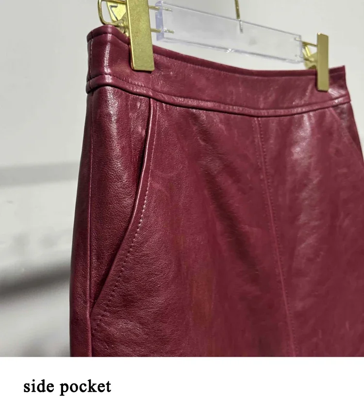 Saia de couro com fenda de cera de óleo para mulheres high street camada superior de pele de carneiro frente dividida envoltório jupe femme vermelho preto lápis midi saia