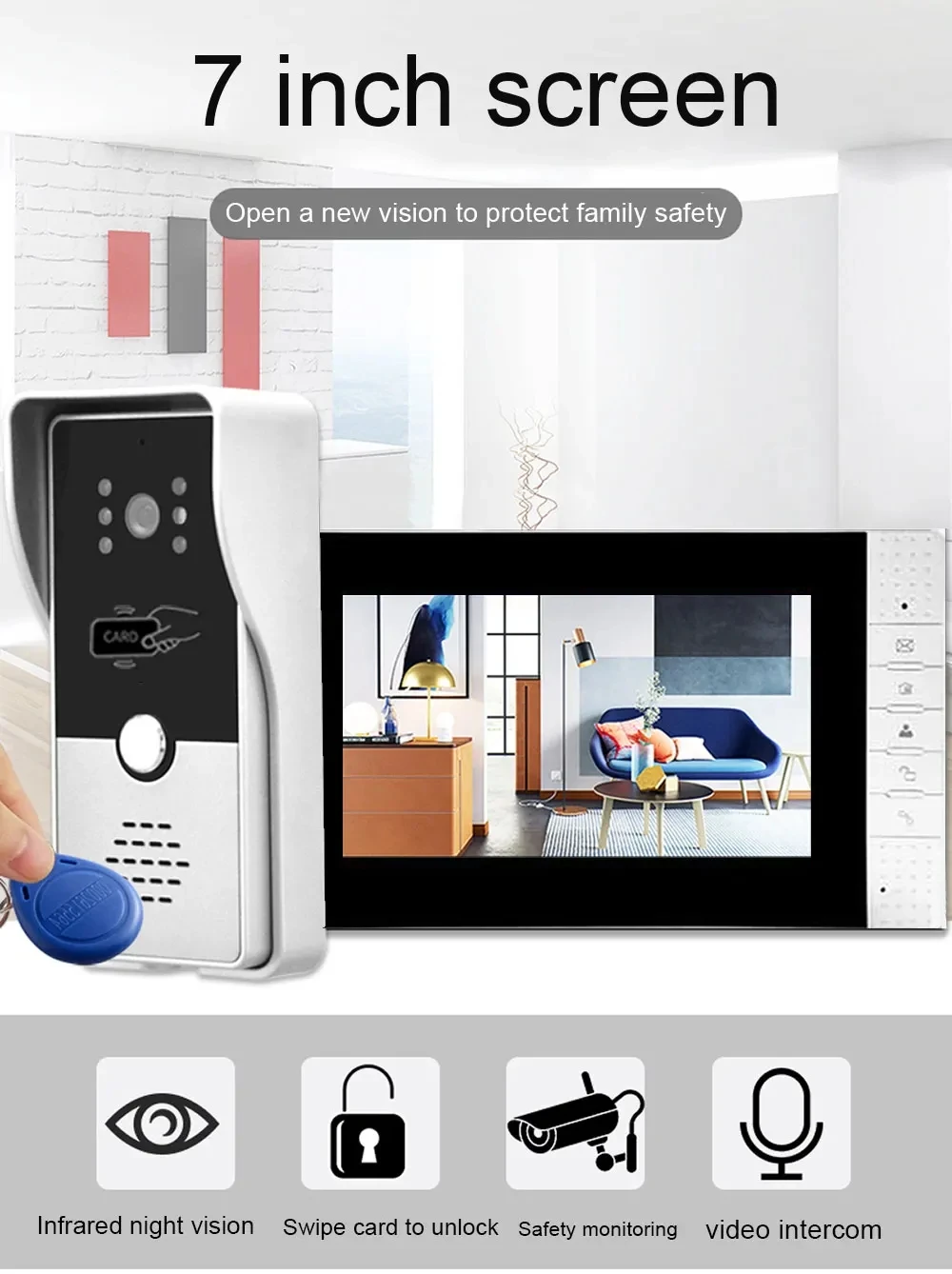 New 7 Inch Wired Video Intercom With Camera Doorbell Waterproof Support Unlock Camera ID Card for Home Apartment Syste