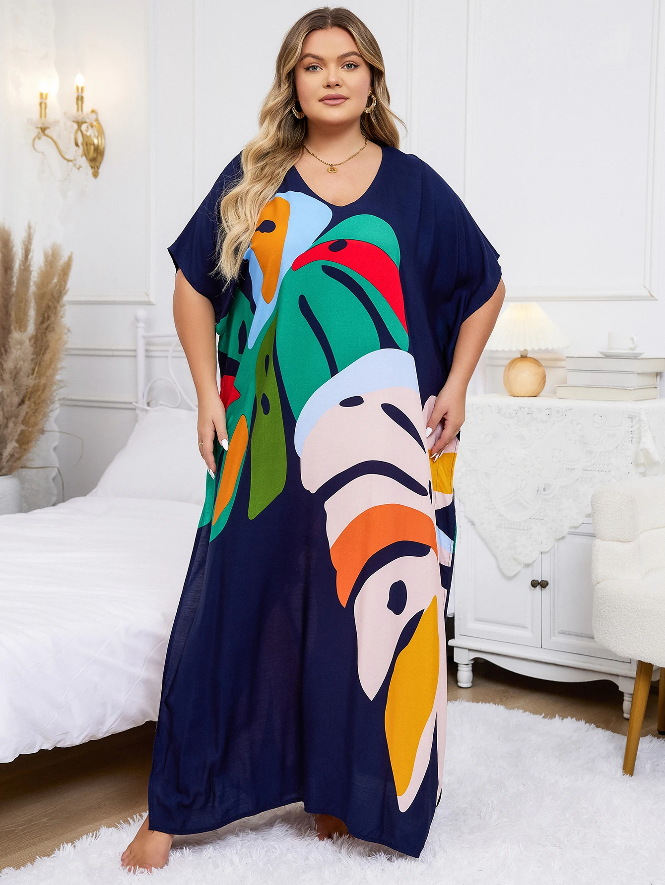 Plus Size artystyczna czarna sukienka Kaftan z nadrukiem roślinnym 2024 letnie ubrania damskie Sundress plażowe sukienki Maxi Q1476