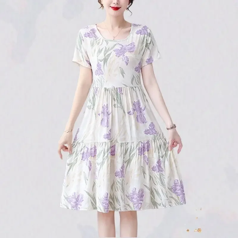 Floral Boho Beach Dresses for Women Flower Midi Short Sleeve Woman Dress Kpop Elegant Chic Pretty Elastic Vintage Clothing Party