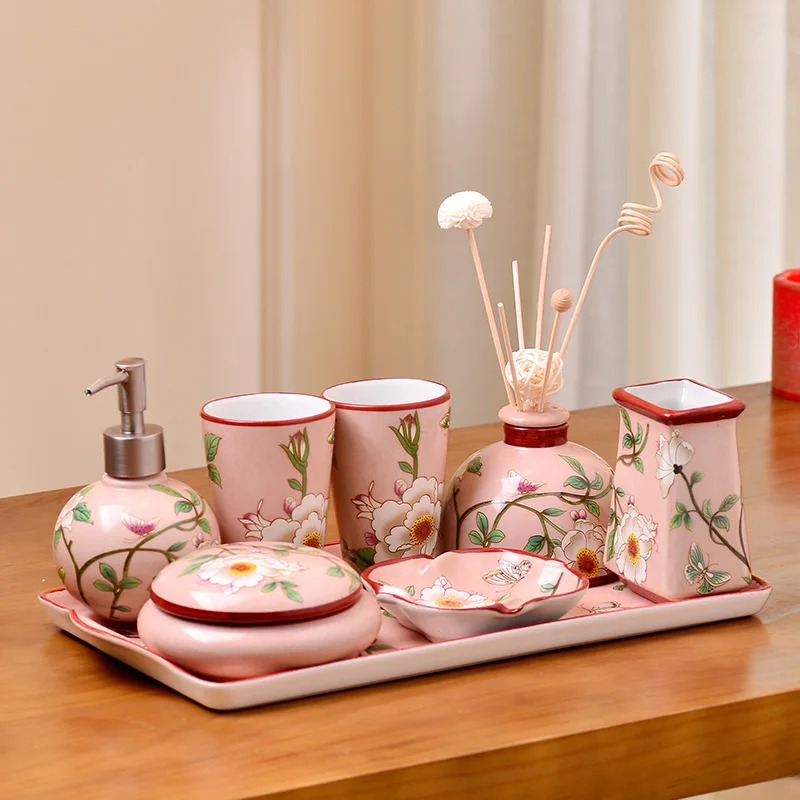 BR012 flower ceramic bathroom set accessories toothbrush holder body lotion bottle soap dish set 0f 8 pcs