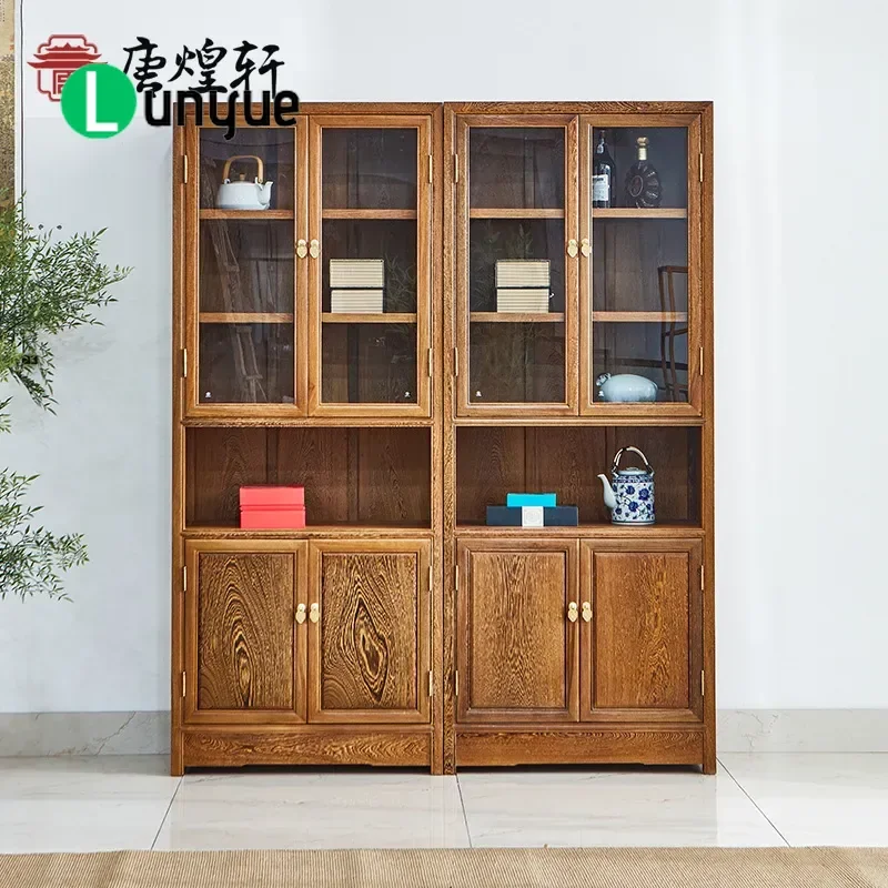 Solid Wood Chicken Wing Mahogany Bookshelf Antique Ming Qing Style Classical Chinese Floor Standing Bookcase Home Office