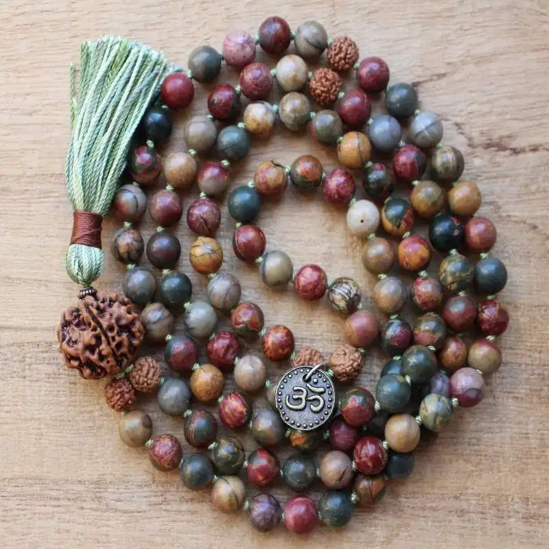 Natural Picasso Jasper 108 Beads Mala Necklace with Rudraksha Pendant & Green Tassel Spiritual Jewelry view 3