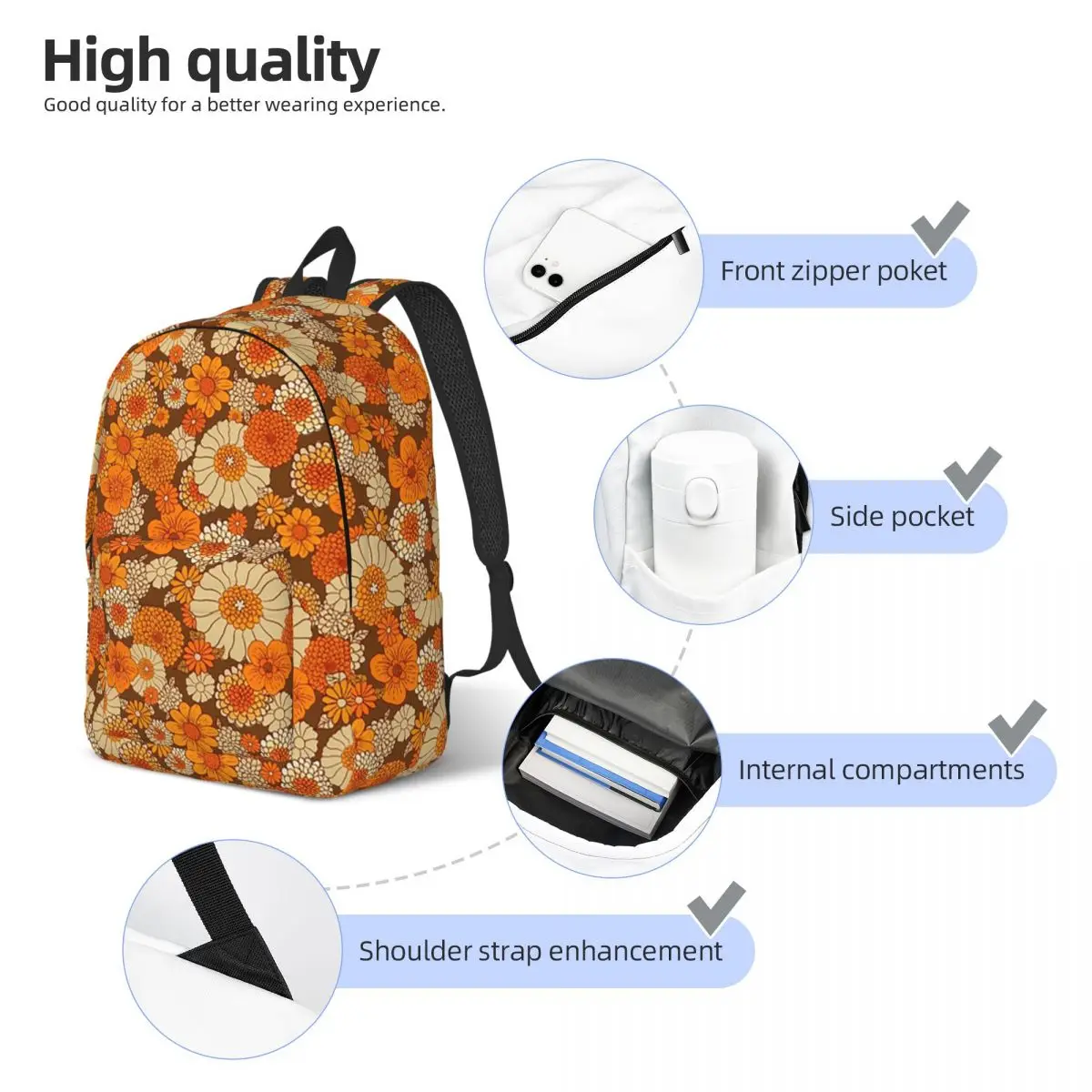 Retro Daisies Vintage Flower Power Orange And Brown Boho Student Backpack School Bag Hiking Travel DaypackShoulder Bags
