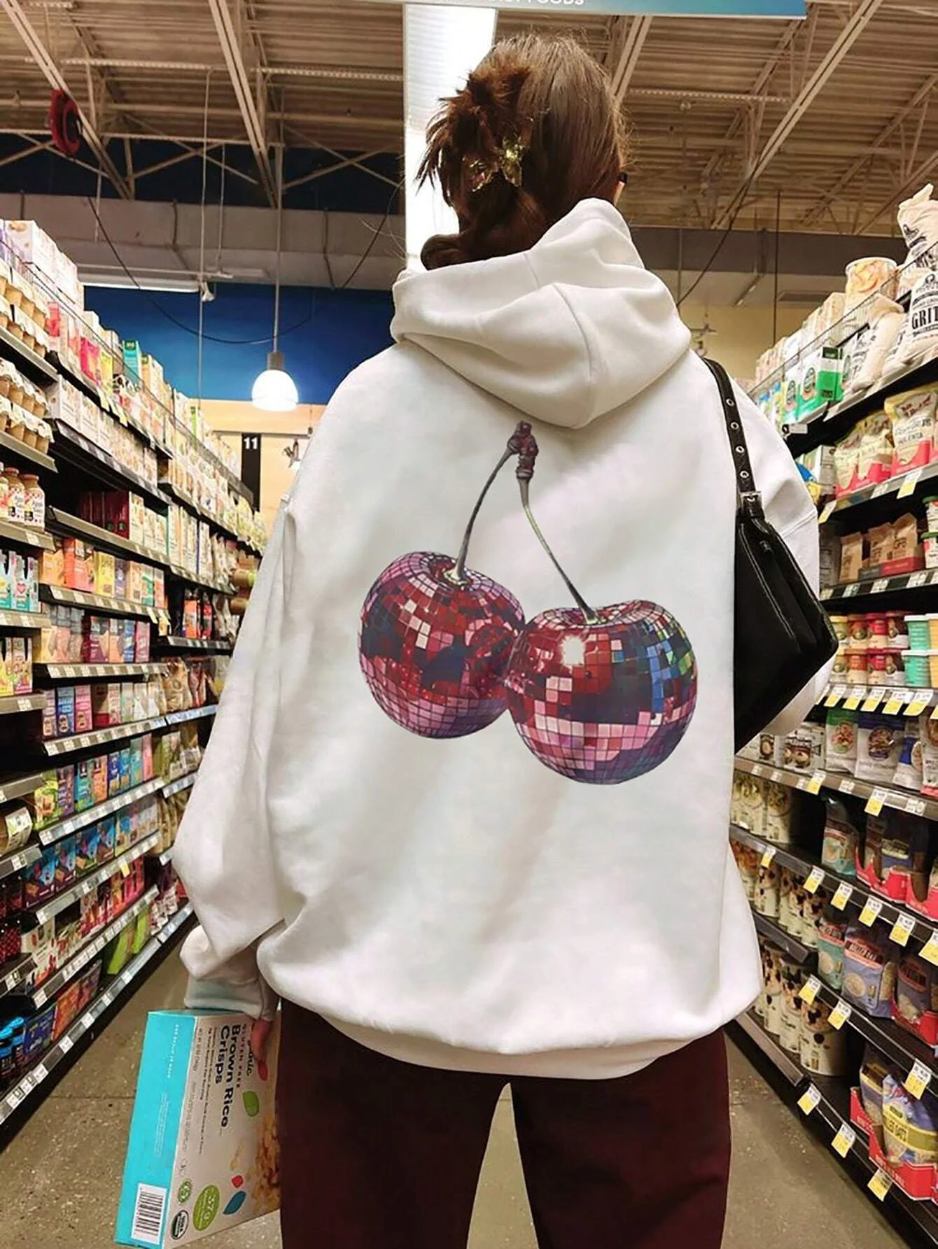 2024 Sparkling Cherry Ball originality Print Hoodie Women\'s loose fleece drawstring hoodie New Y2K high street fashion clothing