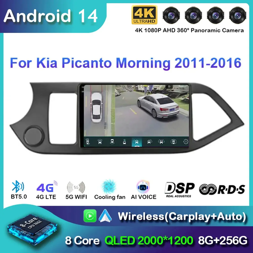 

Автомагнитола Carplay для KIA, мультимедийный плеер на Android 14, с GPS, Wi-Fi и 4G, для KIA PICANTO Morning 2011, 2012 - 2016