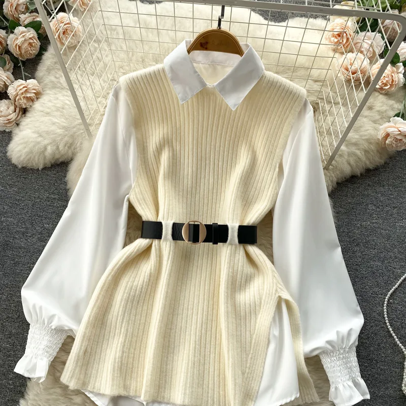 موضة محبوك سترة وقمصان المرأة قطعتين مجموعة بولو طوق قمصان طويلة الأكمام امرأة ربيع الخريف منتصف سترة طويلة Mujer