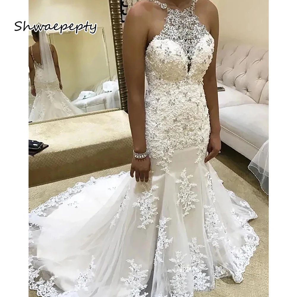 

Spaghetti Mermaid Wedding Dress Sexy Backless Lace Appliques Crystals Beaded Long Bridal Gowns Ivory Vestido De Novia Customized