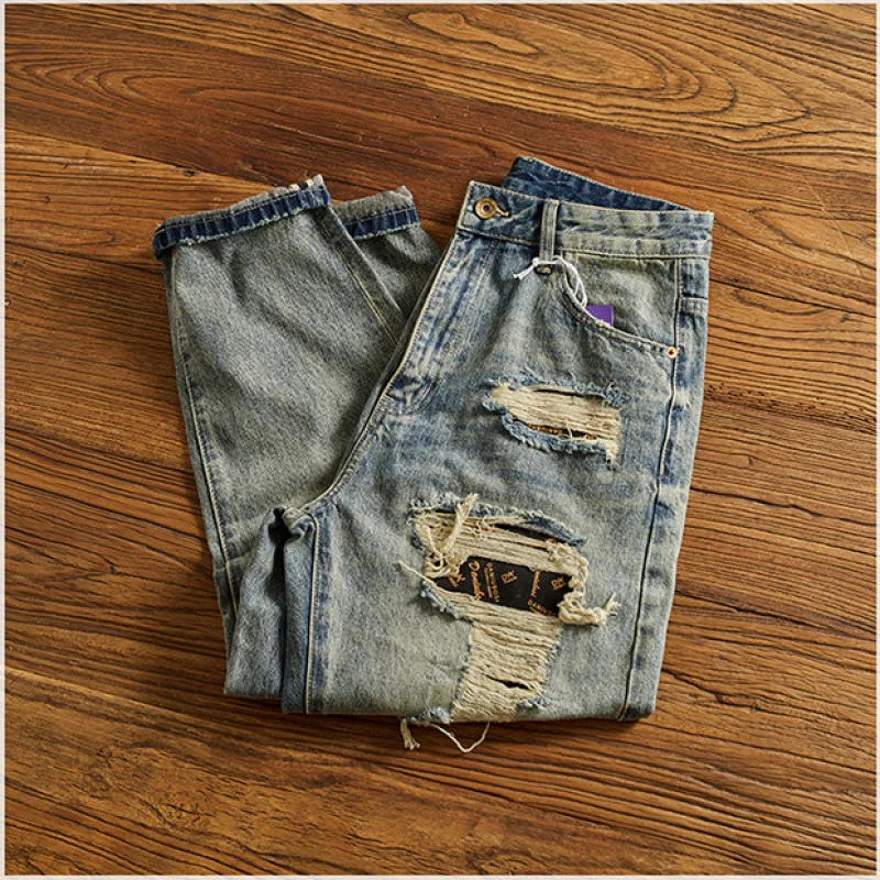 

Heavy retro jeans for men, loose straight tapered high street fashion, distressed pants, autumn men's clothing