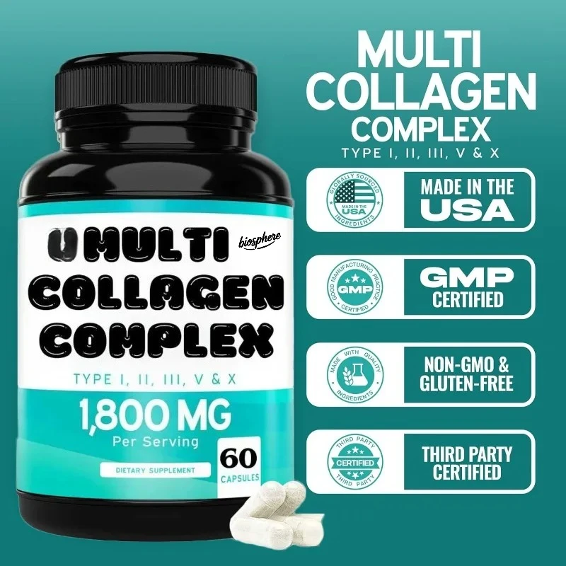 

Male and Female Compound Collagen Capsules Type I, II, III, V, and X - Hair, Skin, Nail, and Joint Health Support