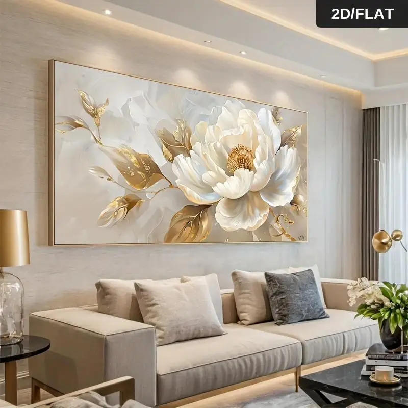 A Modern Abstract Gold Peony Mural - Perfect for Living Room and Bedroom Décor. The Soft, Light-Colored Printed Canvas Features