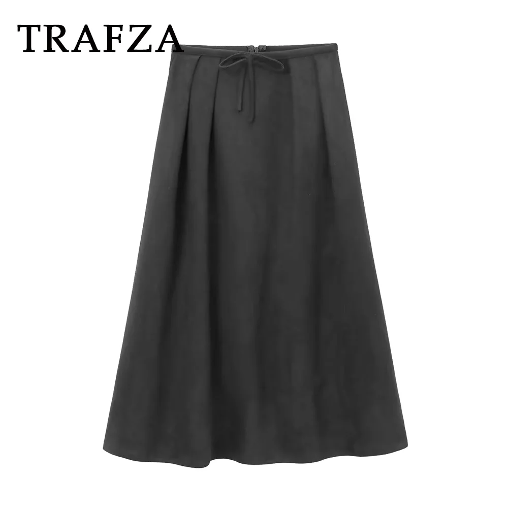 

TRAFZA 2024 Women Suede Autumn Casual Solid Skirt Zipper A-Line Draped Streetwear Midi Long Elegant Mermaid Mujer Faldas