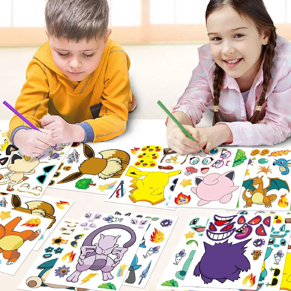 6/12Sheets Cute Pokemon Puzzle Anime Stickers DIY Make-a-Face Assemble Funny Cartoon Decal Assemble Jigsaw Children Boy Toy Gift