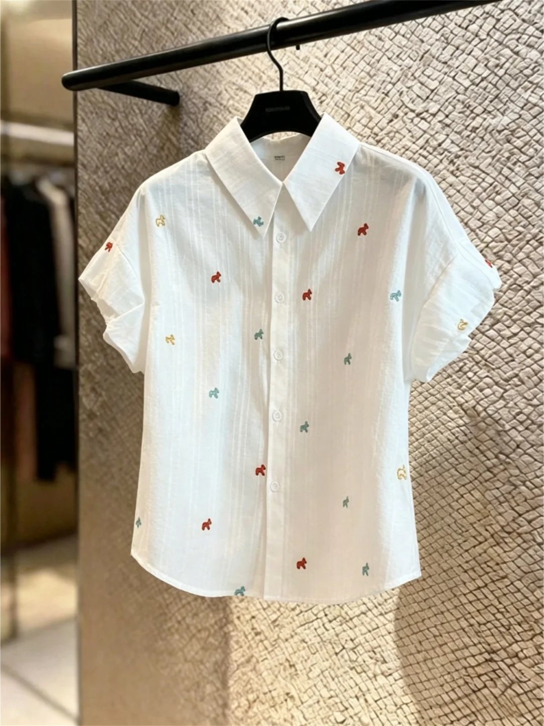 

Korean Style Embroidered Shirt Women's Summer New Lantern Sleeve Turn-down Collar Slimming Top Fashionable Casual Wear