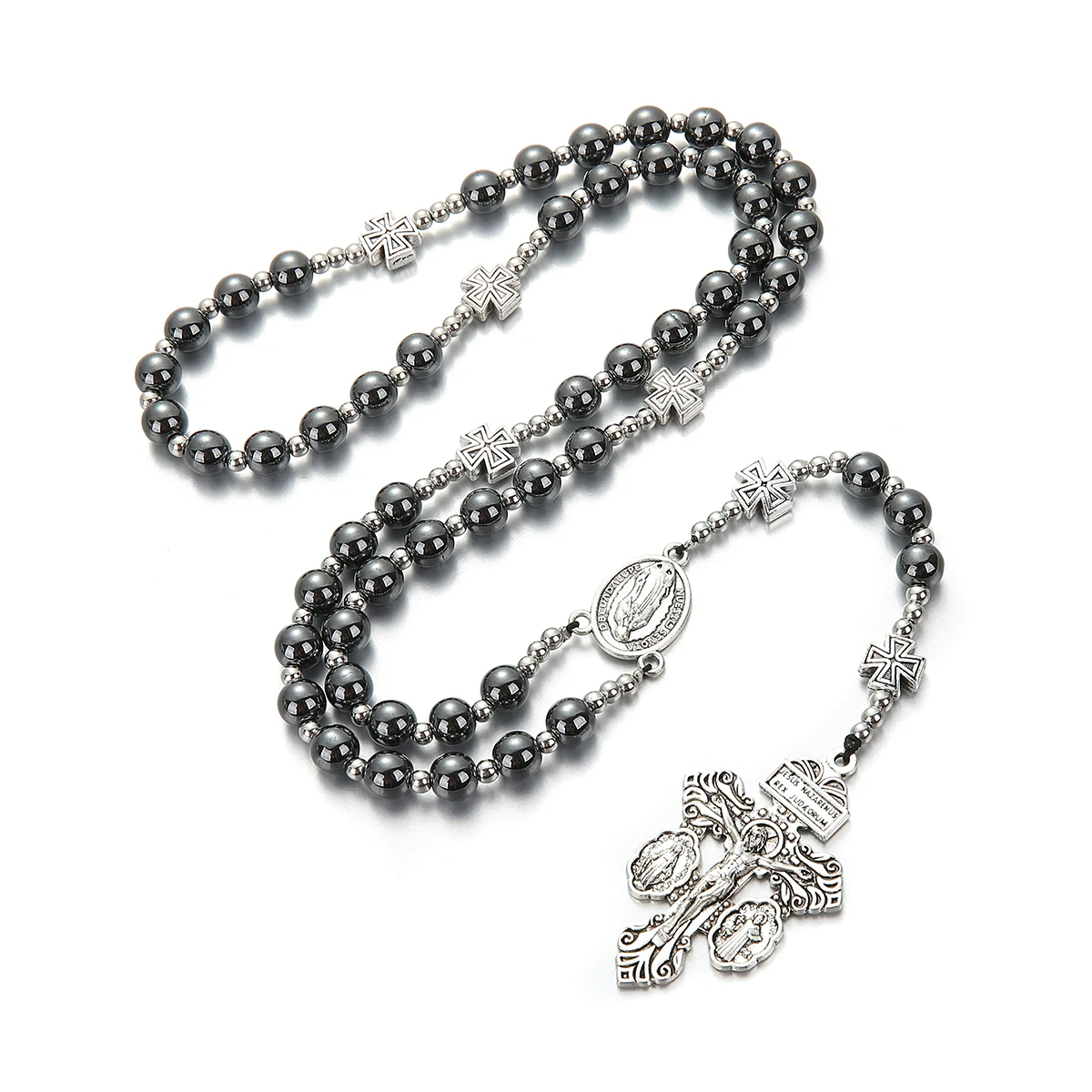 بارد الأزياء الأسود الهيماتيت جولة الخرز الصليب قلادة سانت بنديكت قلادة للرجال والنساء الوردية #3