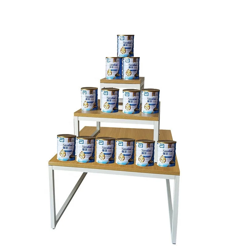 custom.Supermarket Promotion Custom Metal Wood Display Rack Stand Shelf Light Duty Use Milk Wine & Snack Food Beverages