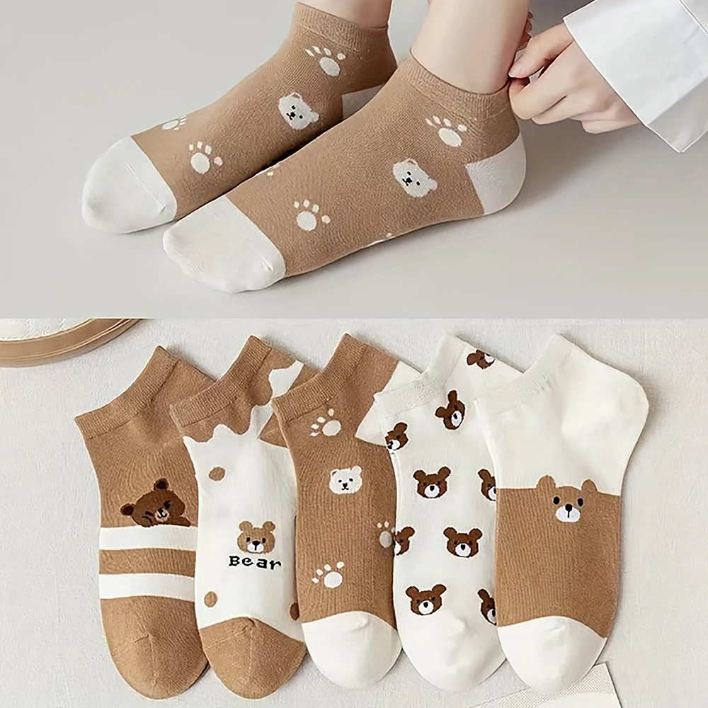 5 Pairs Of Cartoon Bear Pattern Socks Cute And Breathable Ankle Socks Women S Stockings And Socks