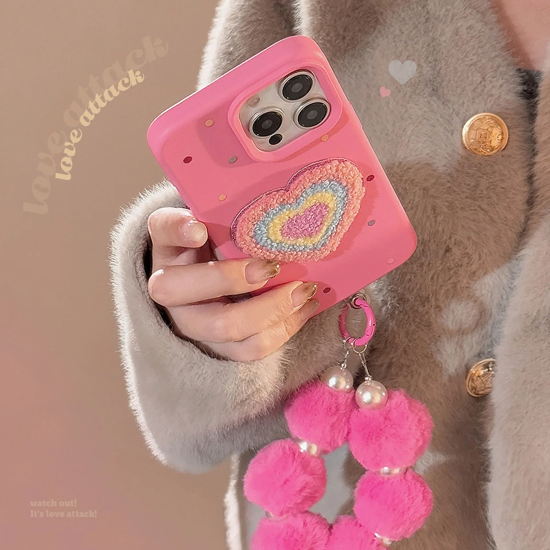 Ins Style Colorful Towel Embroidery Heart Phone Case for IPhone16 15 14 12 13 11 Pro ProMax Plus X XR Shockproof Phone Cover