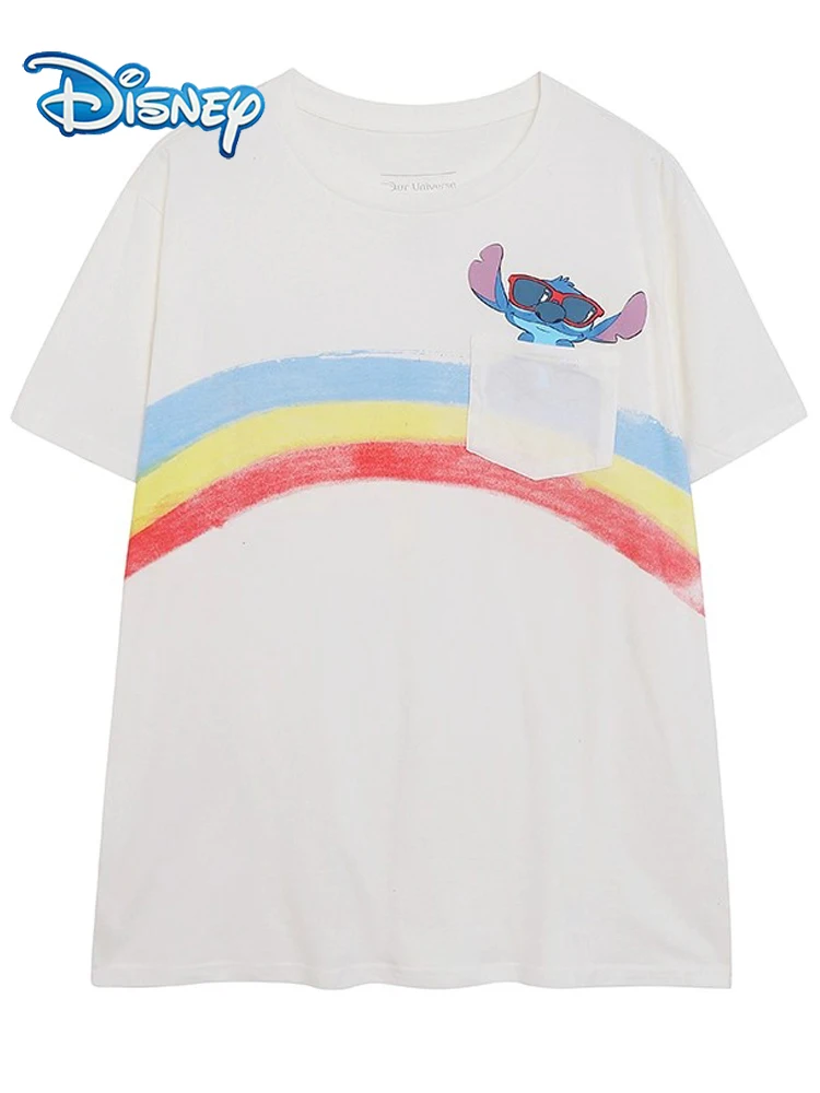 

Disney Stitch Little Monster Cartoon Print Pocket Casual Women Short Sleeve O-Neck Pullover Loose Tee Tops Female Streetwear