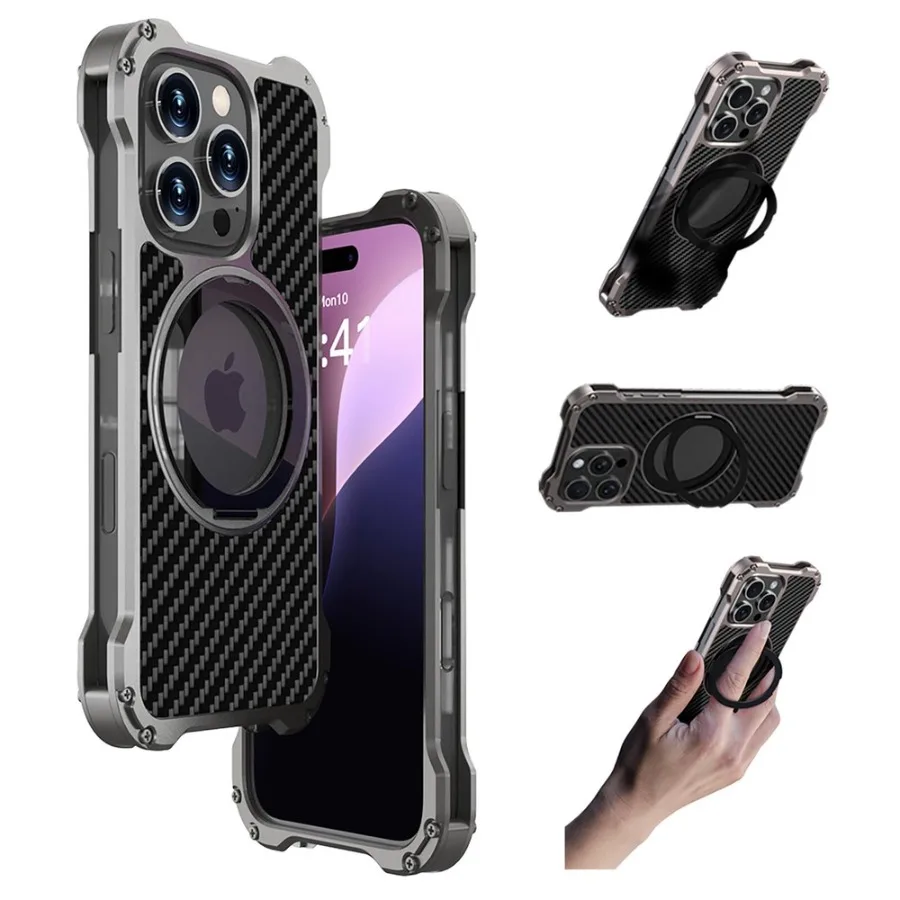 

Aluminum Alloy Bumper Carbon Fiber Back Cover Case For iPhone 16 Pro Max 15 14 13 Pro Max MagSafe Rotation Magnetic Stand Shell