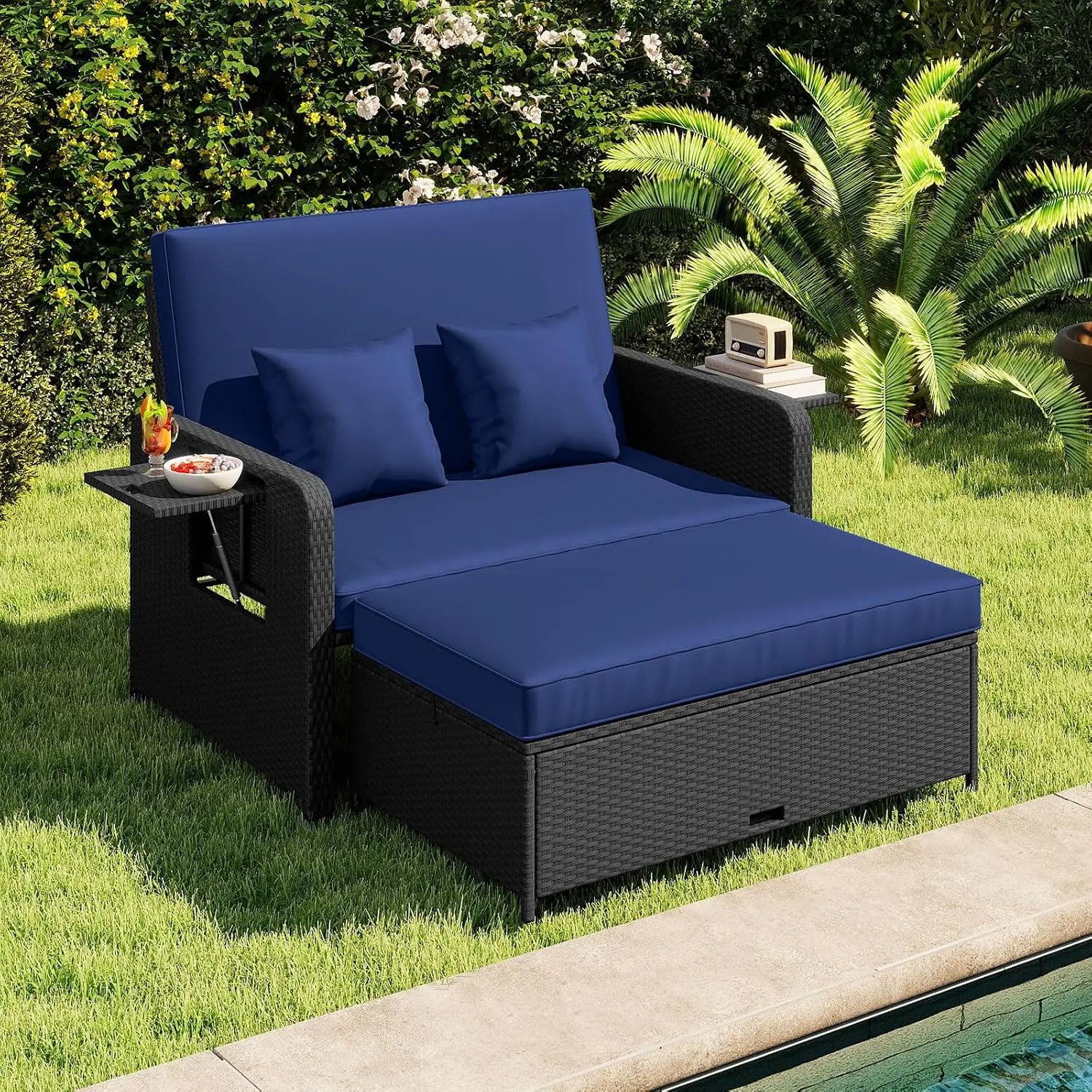 Patio Rattan Daybed with Storage Ottoman, Adjustable Backrest Outdoor Wicker Loveseat for Yard Garden Pool, Customized